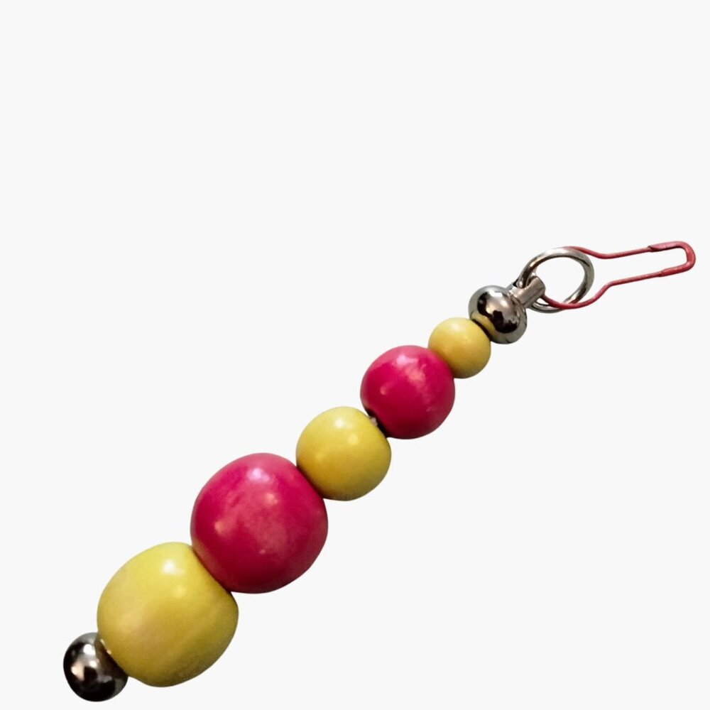 Beaded Bag Charm Zipper Pull Key Fob Red Yellow Wooden Beads Metal Clip